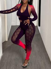 BamGleam Women Two-Piece Set Gradient Mesh Patchwork Sexy Long Sleeve Jumpsuit - Black - View 5