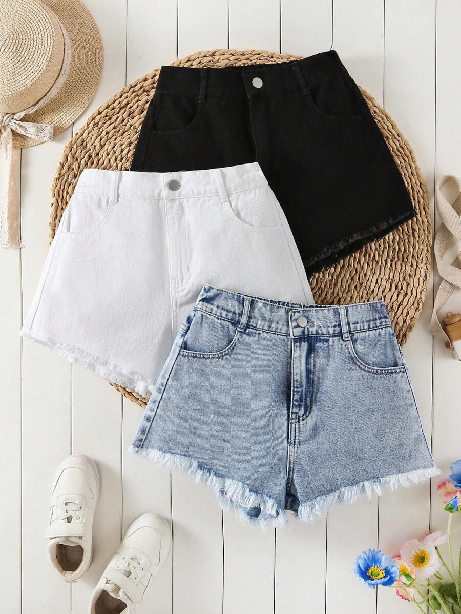 Sparklyn 3 条装 Tween Girls Y2K 风格牛仔裤，包括复古浅蓝色水洗牛仔布、简约黑白、宽松牛仔短裤、柔软舒适的面料、街头时尚百搭、女童牛仔布 - 彩色 - 查看 1