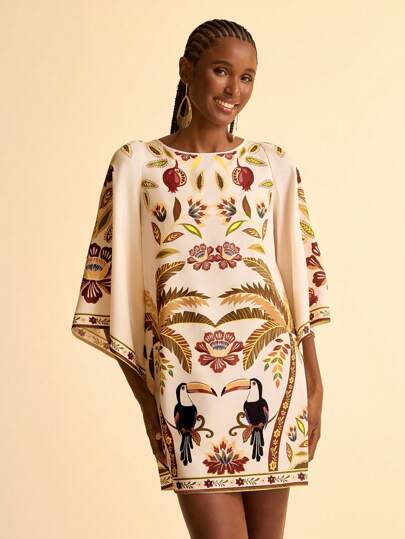 CAJUNI Bohemian Holiday Casual Tropical Floral, Toucan & Banana Tree Print Beach Backless Mini Dress For Women