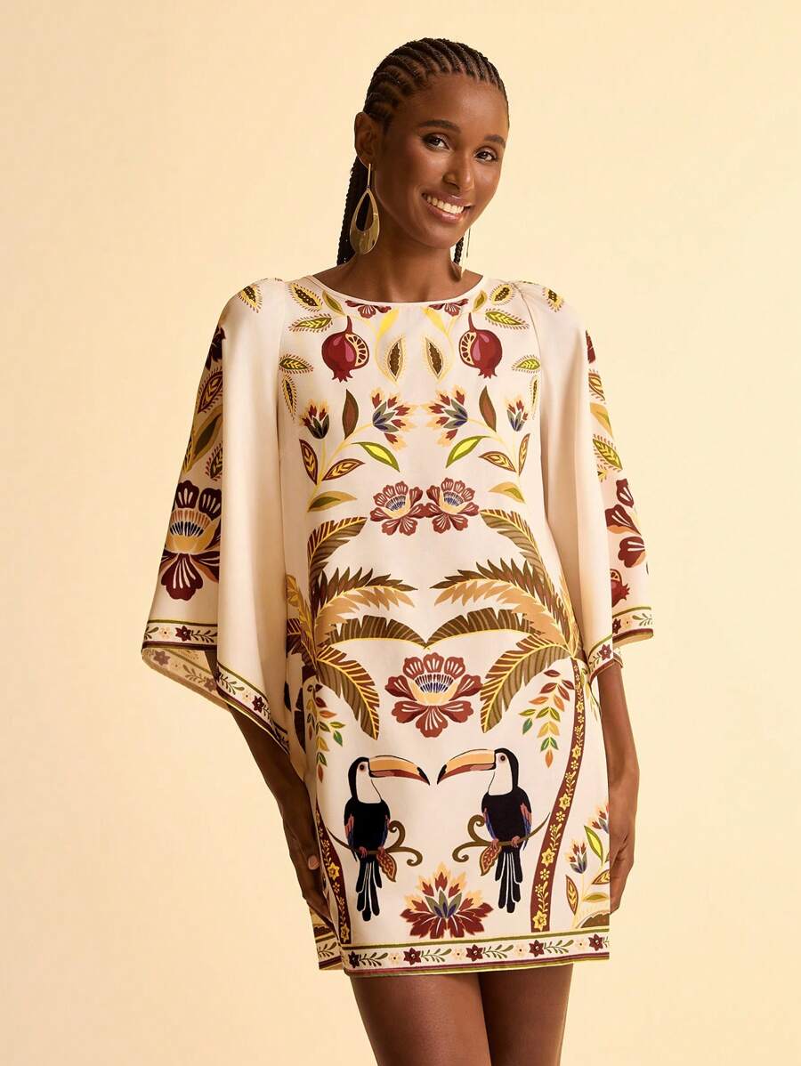 Bohemian Holiday Casual Tropical Floral, Toucan & Banana Tree Print Beach Backless Mini Dress For Women - Multicolor - View 1