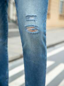 Manfinity Homme Men's Casual Street Snap Button Distressed Skinny Jeans Ripped Jeans For Men Skinny Jeans For Men - Medium Wash - View 8