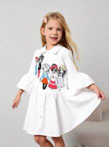 Girls Colorful Cartoon Print Simple Fashion Casual Collared Dress - White - View 1