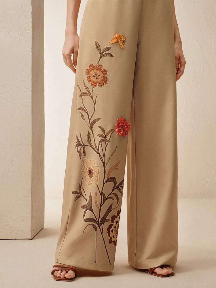 Floral Print Appliques Detail Buckle Belted Wide Leg Pants