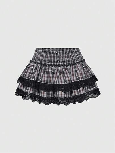 J-Fashion Women's Plaid Lace Trim Fashion A-Line Mini Skirt For Summer