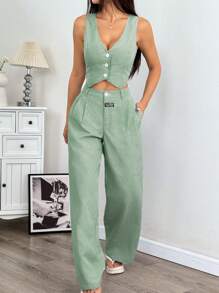 Solflare Conjunto de chaleco a rayas verde oliva con pantalones, traje semitransparente de talla grande, casual de negocios para mujer, conjunto de chaleco y pantalones, conjunto de 2 piezas a rayas, traje de pantalón de verano para otoño/invierno - Verde Oliva - Ver 5