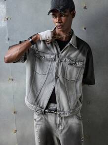 NEON BLANC Chemise en jean à manches courtes de mode de rue pour hommes, convient pour l'été - Noir et Blanc - Voir 2