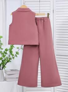 SHEIN 2Pcs/Set Tween GirlsApricot Sleeveless Printed Shirt + Wide-Leg Pants Suit, Comfortable Casual Vacation Outfits For Spring & Summer - Burgundy - View 2