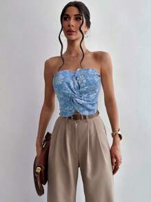 Firerie Women Summer Elegant Simple Fashion New Daily Vacation Music Festival Textured Material Blue Tube Top Criss Cross Twist Commute Graceful Top - Baby Blue - View 5