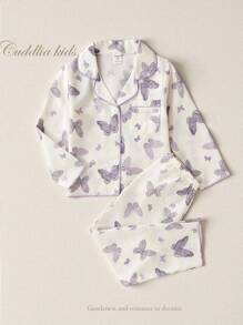 2 件套可爱紫色蝴蝶印花小女孩长袖开衫和裤子套装，休闲舒适的家居服蝴蝶睡衣儿童返校时尚 - 杏色 - 查看 3