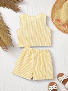 SHEIN Baby Girl Summer Vacation Tie Front Striped Camisole And Shorts Set