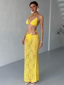 Aloruh Women's Yellow 3 Piece Bikini Set With Skirt Halter Sleeveless Micro Crop Top And Lace Maxi Skirt Co-Ord Set For Summer - Yellow - View 3
