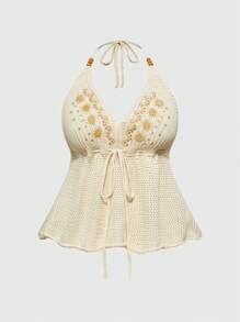 ROMWE Hippie Plus Size Women Summer Boho Holiday Star & Moon Embroidery Beaded V-Neck A-Line Knit Top - Beige - View 1
