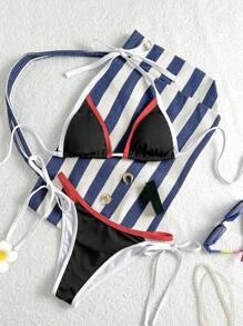 Swim Mod Women's Summer Beach Vacation Contrast Binding Halter Bikini Set - Black - View 1