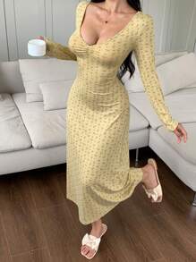DAZY Long Ditsy Floral V-Neck Cinched Waist Nightgown,Back To School Pajama, Fall, Winter - Yellow - View 4