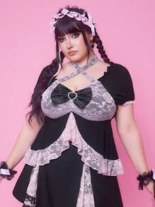 ROMWE J-Fashion Shibuya Girl Y2K 风格蕾丝拼布加大码 T 恤 - 黑色 - 查看 6