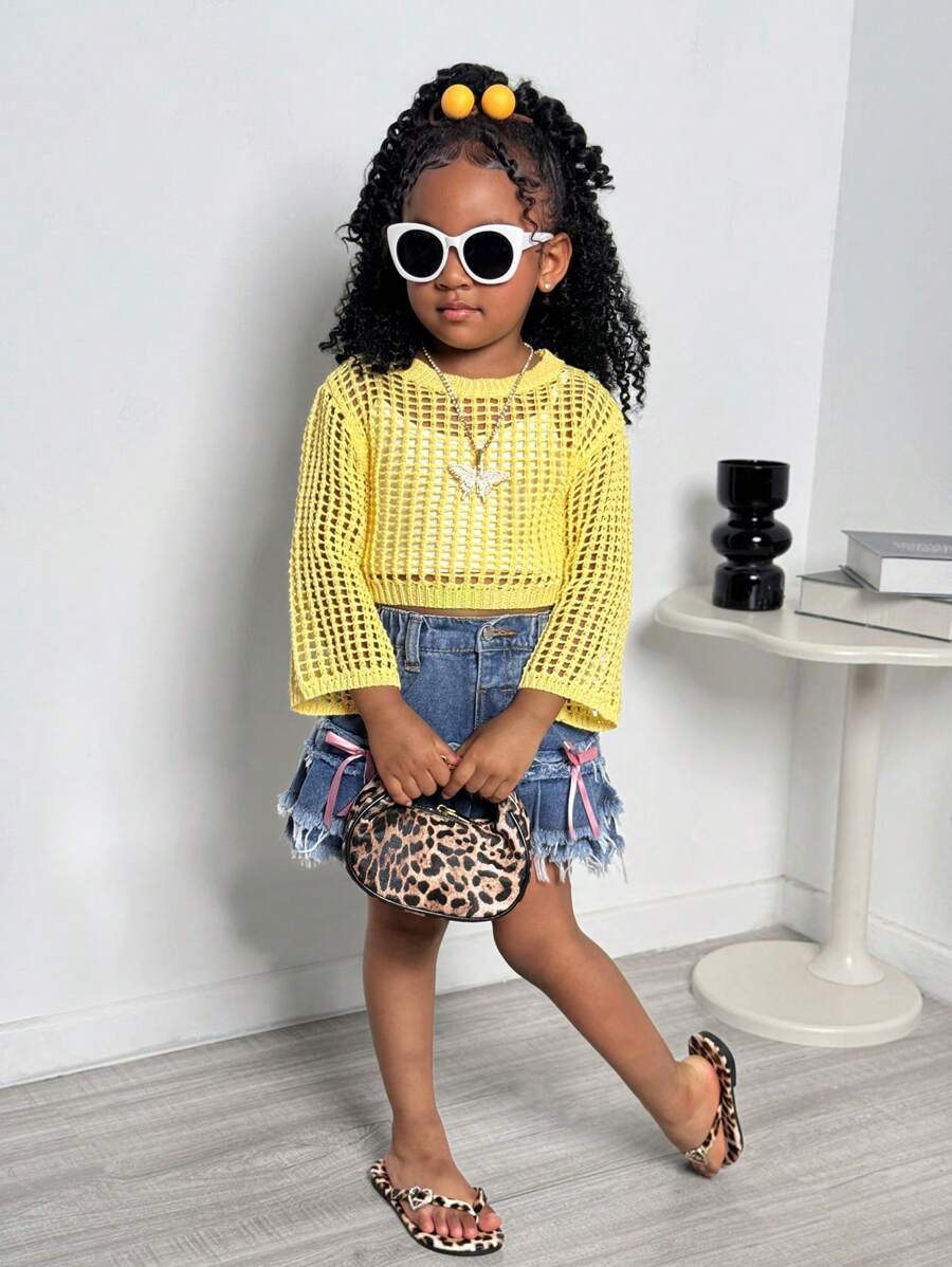 Cream Yellow Hollow Out Cover Up For Young Girl, Cute Casual & Comfortable, Suitable For Beach Vacation, Casual Outing, Home Gathering, Versatile