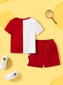 TOM & JERRY X SHEIN Bộ 2 áo thun tay ngắn họa tiết hoạt hình Colorblock cho bé trai và quần short, phù hợp cho mùa xuân/hè - Đỏ - Xem 2