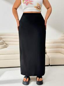 Solflare 大碼高腰素色直筒半身裙 - 黑色 - 查看 3