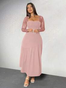 Viva Relle Plus Size Lace Sleeve Wide A-Line Solid Color Dress - Pink - View 6