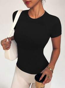 Easithlete Women Solid Color Casual Round Neck Short Sleeve Activewear T-Shirt Compression Shirt Fitted Shirt - Black - View 4