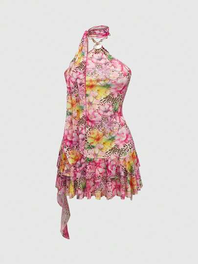 Y2K Babe Vintage Resort Beach Outfit Scarf Necklace Sheer Leopard Floral Shell Decor Print Women Midi Dress