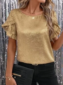 SHEIN Clasi 女士箔片荷叶边短袖衬衫，情人节节日春季款 - 金色 - 查看 4