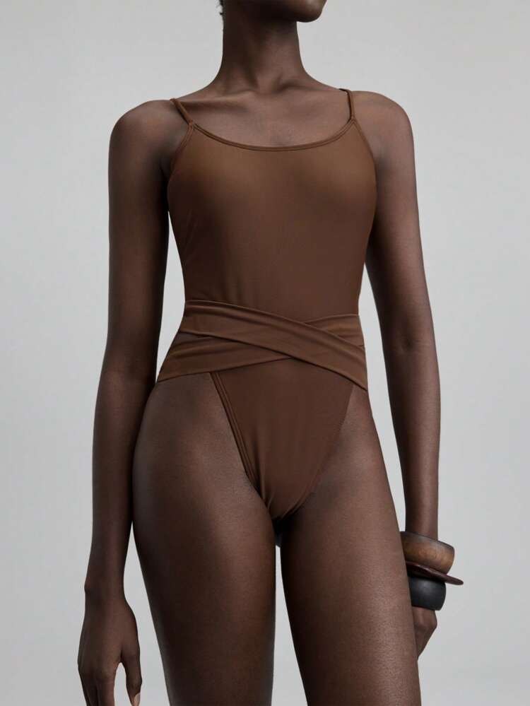 Women's One-Piece Swimsuit,Cute Summer Beach Swimwear,Coffee Brown Spaghetti Strap Design,Minimalist Holiday Style,Old Money 2025 New Arrival Apparel