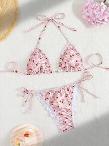 Swim Mod 2 Pieces Cherry Random Printed Tie Front Ruffled Swimsuit For Women For Summer Beach Vacation - Multicolor - View 1