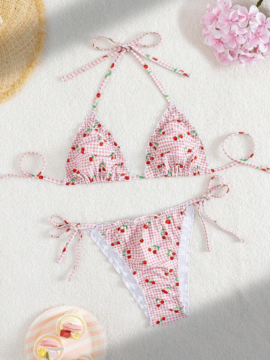 Swim Mod 2 Pieces Cherry Random Printed Tie Front Ruffled Swimsuit For Women For Summer Beach Vacation - Multicolor - View 1