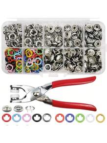 Set de 100 piezas de remaches a presión 9.5mm de 10 colores semi-coloreados con anillo de metal, botones pequeños con caja metálica hueca y herramienta de presión de alicates para costura
