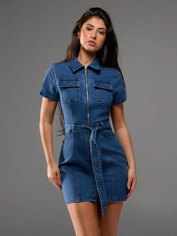 Avantive Rochie mini de vară pentru femei, cu imprimeu retro din denim spălat, linie A, model nou