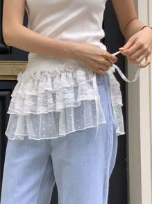 FRIFUL 女式荷叶边分层蕾丝网眼系带蝴蝶结荷叶边下摆百搭半身裙，女式海滩度假服装秋季 - 白色 - 查看 2