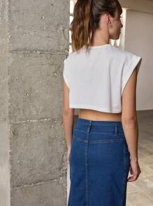 Nöista Áo thun in hình, áo crop top dáng rộng cổ tròn cho nữ, thích hợp mặc mùa hè. - trắng - Xem 2