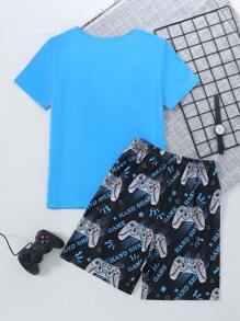 Conjunto de pijama con estampado de consola de juegos para adolescentes varones, material suave de seda de leche, top azul y pantalones cortos, ropa casual para el hogar