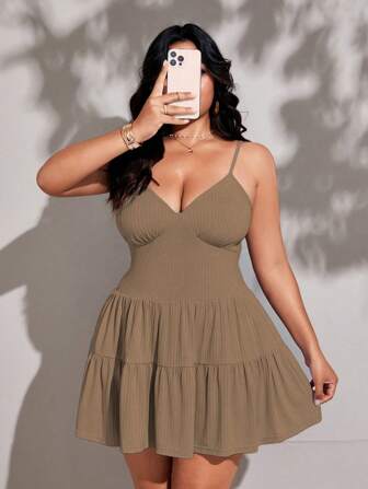 Viva Relle Plus Size Women Ruffle Hem Summer Solid Off-Shoulder Strap Midi Dress