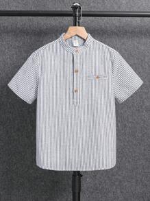 SHEIN Tween Boy Casual College/Vacation Striped Stand Collar Shirt, Versatile For Commute, School, Daily Casual Wear, Suitable For Sports, Spring/Summer - Blue - View 2