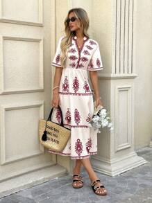 SHEIN LUNE 黑色和杏色数码印花短袖半开襟中长连衣裙，适合夏季度假 - 玫紅色 - 查看 1