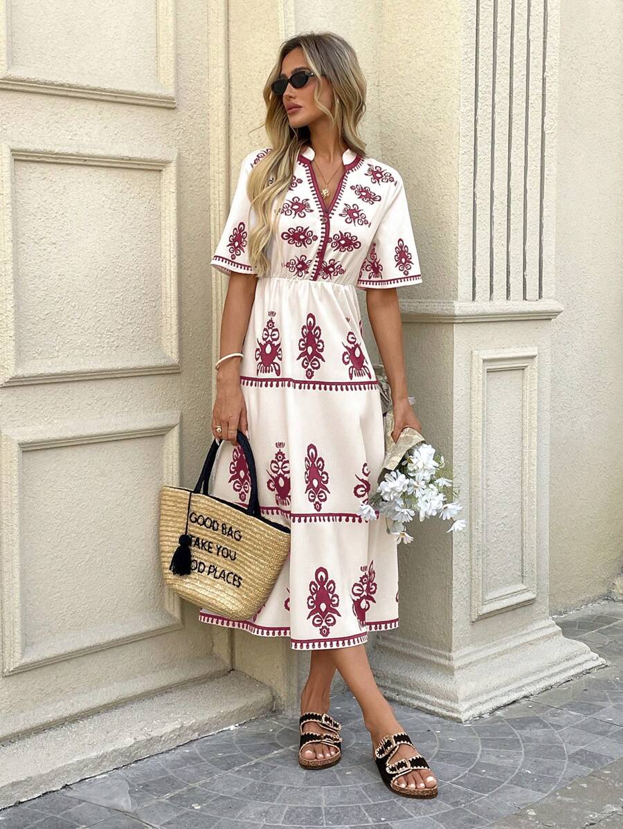 SHEIN LUNE 黑色和杏色数码印花短袖半开襟中长连衣裙，适合夏季度假 - 玫紅色 - 查看 1