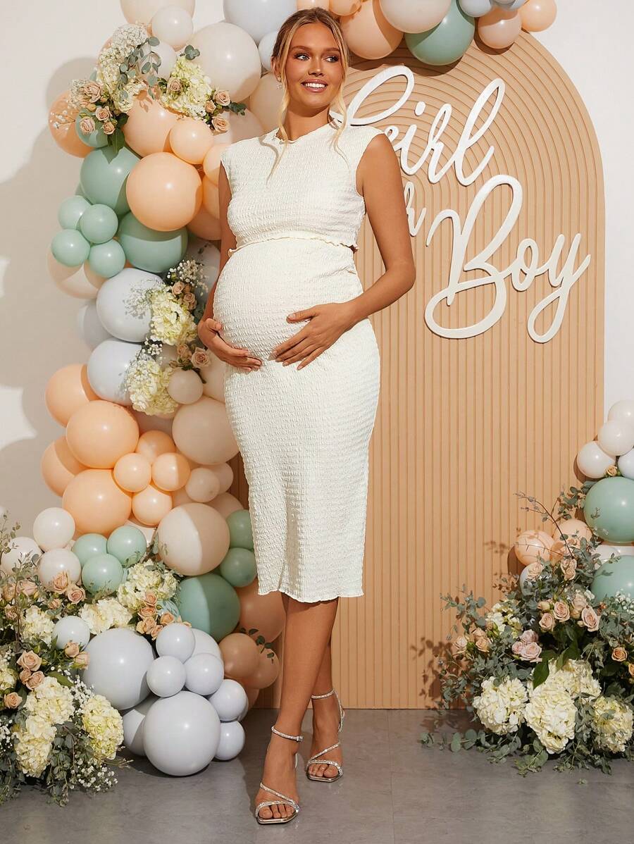 Loomaby 2件套孕妇荷叶边吊带背心和可调节腰部修身迷你裙套装 - 杏色 - 查看 1