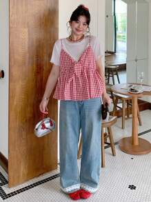 Dazy Plus 2pcs/Set Solid Round Neck White Top & Plaid Camisole, Tankdress Vacation - Red - View 6