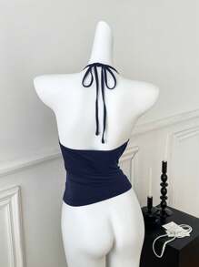 Comfortcana Women's Summer Y2K Gyaru Navy Keyhole Backless Halter Tank Top - Navy Blue - View 2