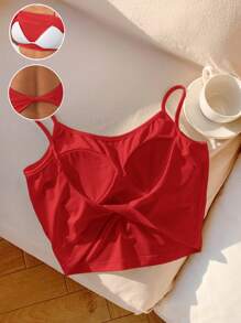 Comfortcana New Arrival Spring/Summer Red Twist Back Cropped Spaghetti Strap Top With Padded Cup For Women - Red - View 1