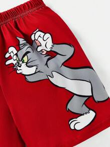 TOM & JERRY X SHEIN Bộ 2 áo thun tay ngắn họa tiết hoạt hình Colorblock cho bé trai và quần short, phù hợp cho mùa xuân/hè - Đỏ - Xem 5