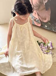 SHEIN 女童韩版/日系公主风黄色提花无袖连衣裙 - 彩色 - 查看 2