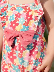 Cozy Pixies Baby Girl Floral Print Round Neck Ruffle Trim Sleeveless Romper Shorts - Multicolor - View 3