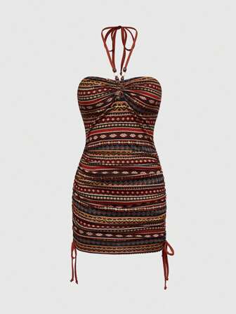 Abito da donna con stampa totemica retrò hippie, con coulisse al collo