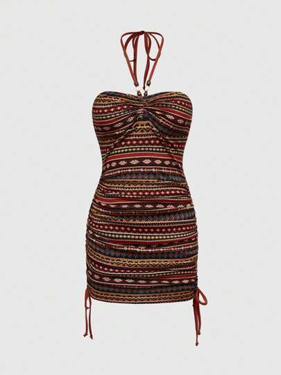 Hippie Retro Totem Muster Schlupfkleid mit Tunnelzug am Hals für Frauen