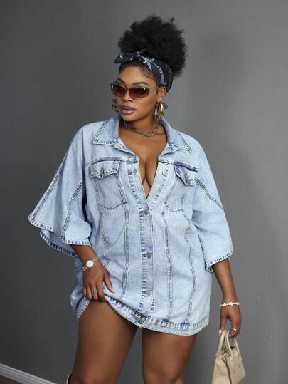 Slaydiva Plus Size Women 3/4 Sleeve Single-Breasted Loose Casual Denim Jacket Summer Club Sexy Concert Rave Streetwear Women Club Going Out Tops, Fall