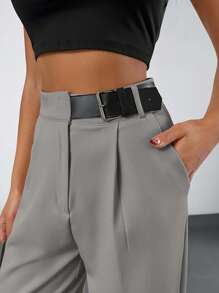 EURMUSE Elegant Style, Straight Leg, Half Leather Belt Detailed Pant - Grey - View 1