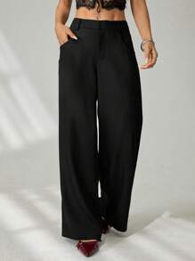 SHEIN PETITE Pantalones informales de cintura baja de color liso, moda adecuada para el verano - Negro - Ver 4